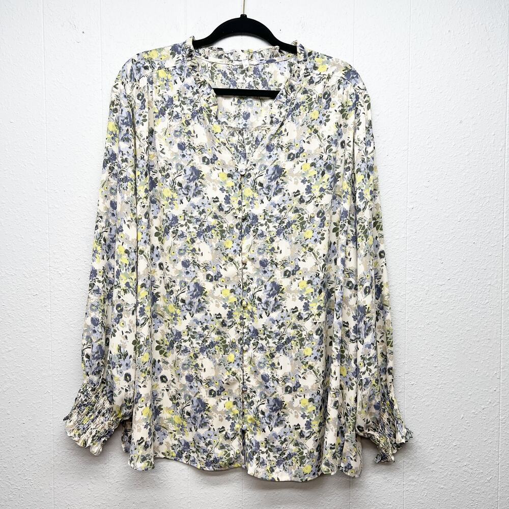 Maurices Bishop Sleeve Floral Button Front Top Womens 3X Mature Modest Casual